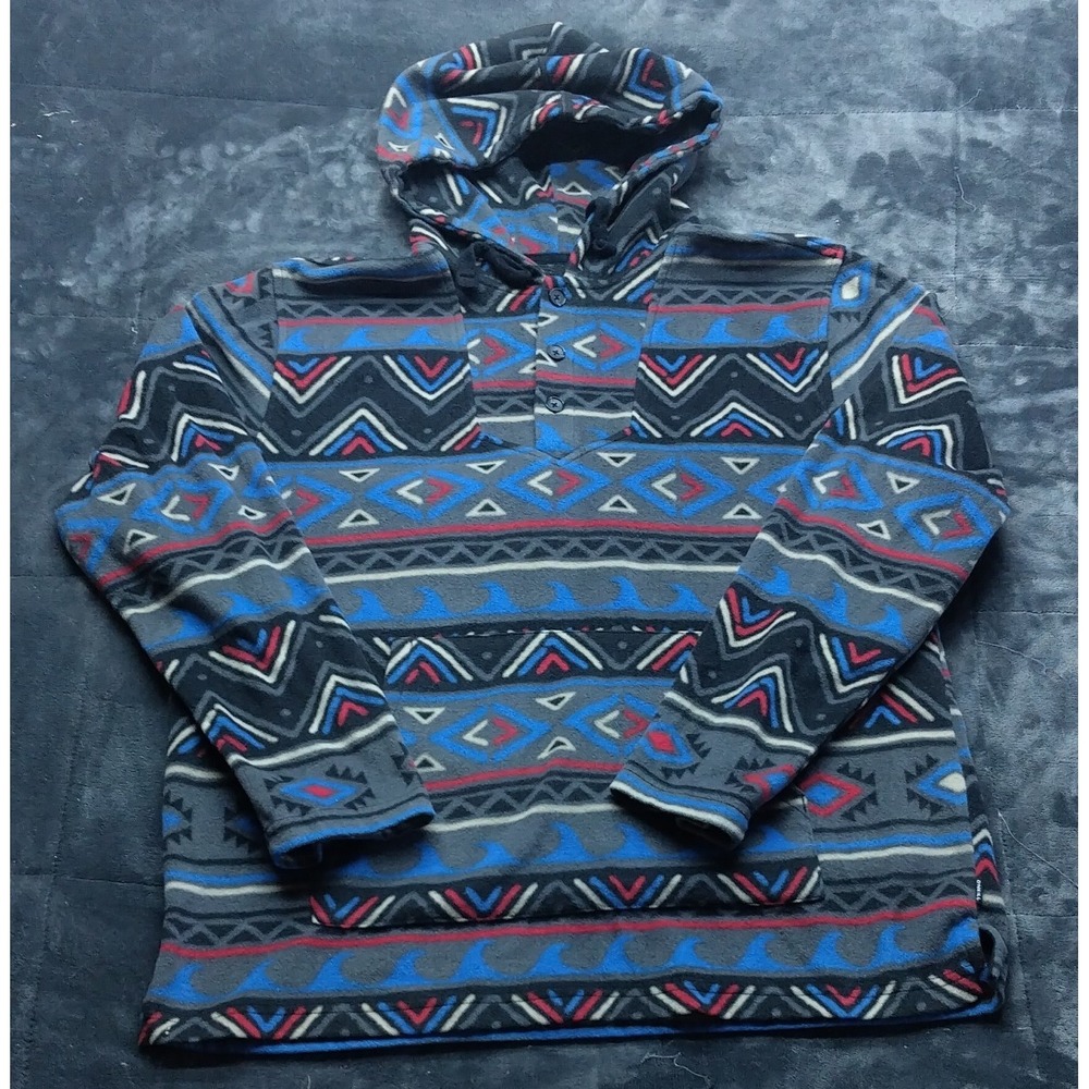 O'Neill Hoodie Mens L Gray Blue Red Fleece Pullover Standard Fit Aztec Pocket